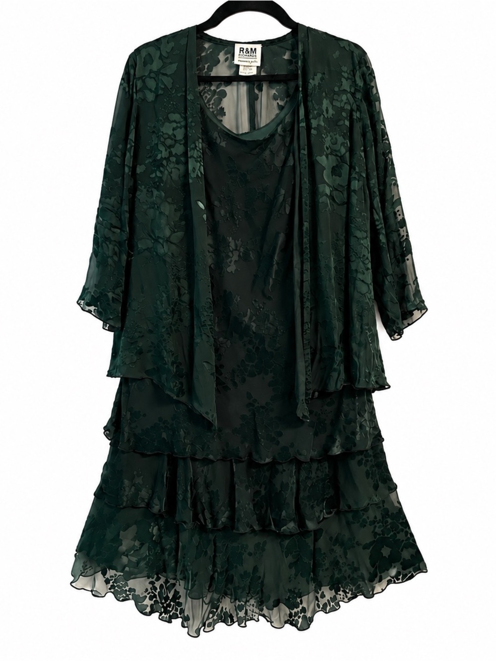 R&M Richards Dark Green Floral Layered Dress with Sheer Jacket